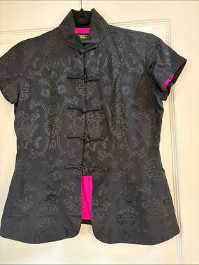 Shanghai Tang Black Silk Top with Bright Pink Lining